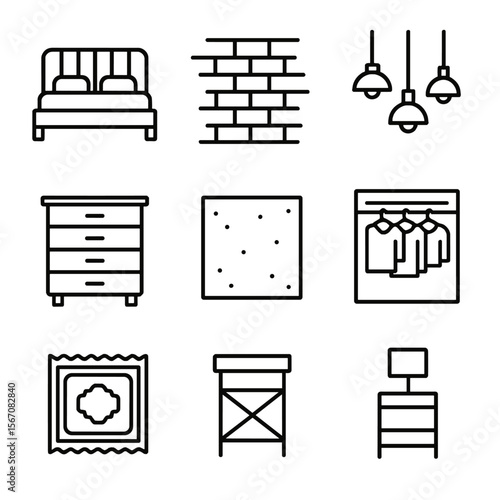 Industrial Loft Icons. Solid, filled icon set of industrial loft bedroom: platform bed, metal headboard, exposed brick wall,