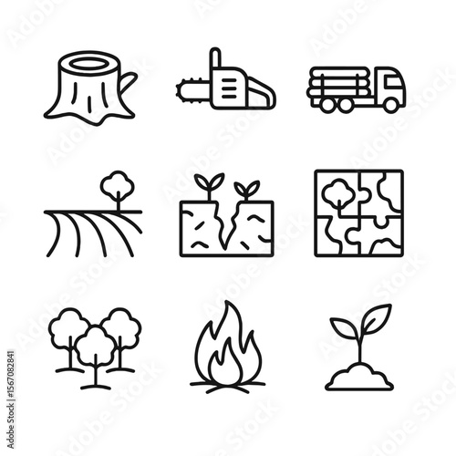 Deforestation Icons Set. Outline icon set of deforestation and land use change: tree stump, chainsaw, logging truck, cleared field