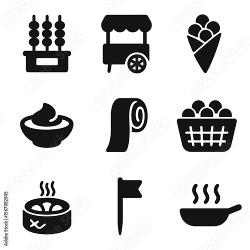 Street Food Icons. Solid, Filled icon set of street food and snack tasting: skewer stand, food cart, paper cone, dipping sauce,