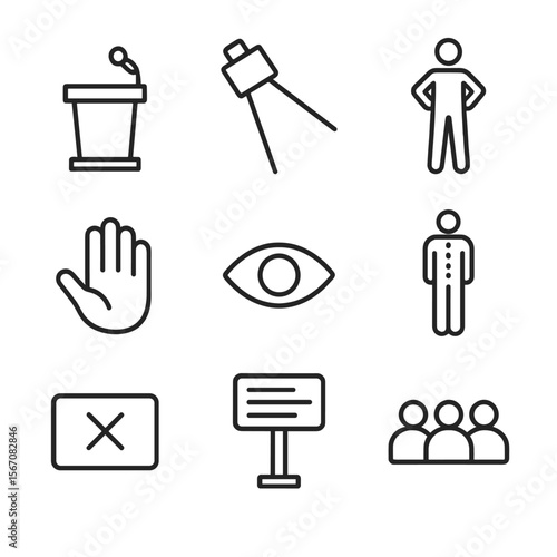 Delivery Icons Grid. Outline icon set of delivery techniques and stage presence: podium with microphone, spotlight beam, confident