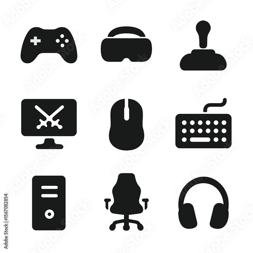 Gaming Console Icons. Solid, filled icon set of Gaming Consoles: gamepad, VR headset, joystick, gaming monitor, gaming mouse,