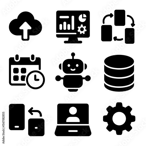 Digital Transformation Icons. Solid, filled icons set of small business digital transformation: cloud upload,