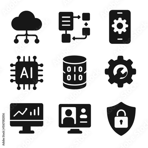 Digital Transformation Icons. Solid, filled icons set of digital transformation in business: cloud computing,