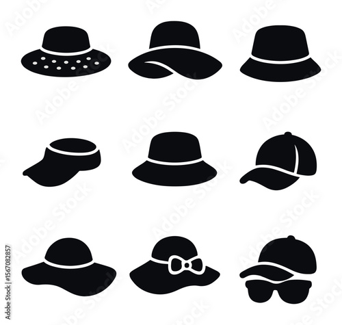 Summer Hat Icons. Solid, filled icons set of summer hats: straw hat, wide-brim hat, bucket hat, sun visor,