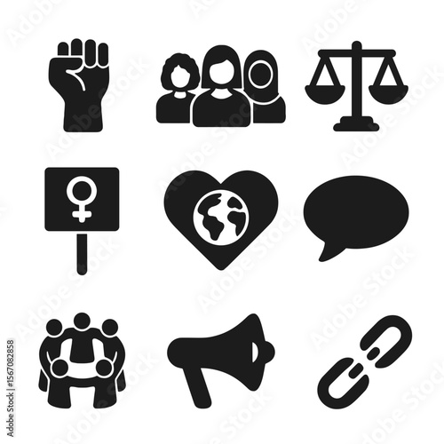 Feminism and Unity Icons. Solid, filled icon set of feminism and race: raised fist, diverse women, equality scales, protest sign,