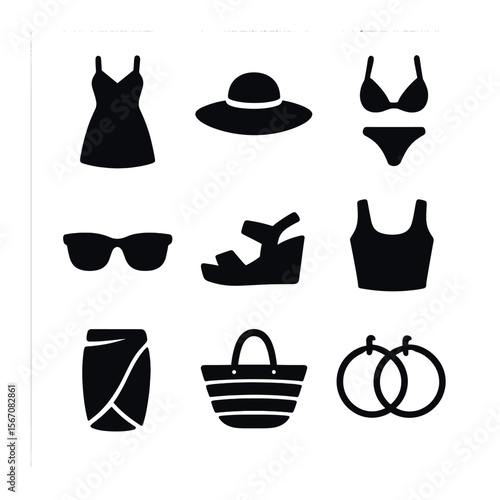 Women's Summer Fashion Icons. Solid, filled icons set of women's summer fashion: sundress, wide-brim hat,