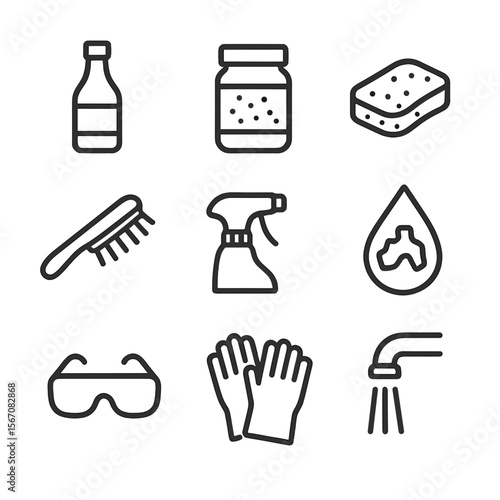 Descaling Tools Icons. Outline icon set of limescale and mineral deposit removal: vinegar bottle, descaling powder jar, scrub pad,
