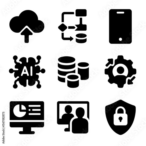 Digital Transformation Icons. Solid, filled icons set of digital transformation in business: cloud computing,