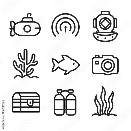 Deep-Sea Icon Set. Outline icon set of deep-sea exploration expeditions: submarine, sonar wave, diving helmet, coral reef, fish