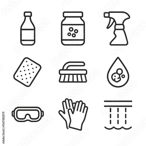Descaling Tools Icons. Outline icon set of limescale and mineral deposit removal: vinegar bottle, descaling powder jar, scrub pad,