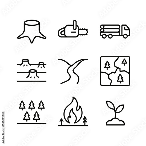 Deforestation Icons Set. Outline icon set of deforestation and land use change: tree stump, chainsaw, logging truck, cleared field