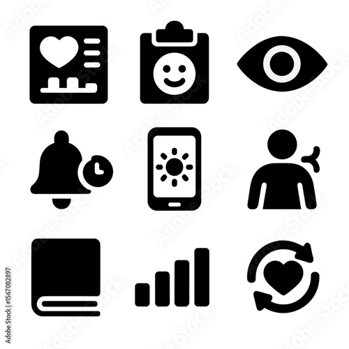 Digital Wellbeing Icons. Solid, filled icons set of digital wellbeing tools: wellness dashboard, mood tracker,