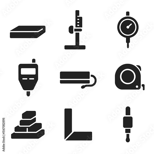 Dimensional Calibration Icons. Solid, filled icons set of dimensional calibration setup: granite surface plate