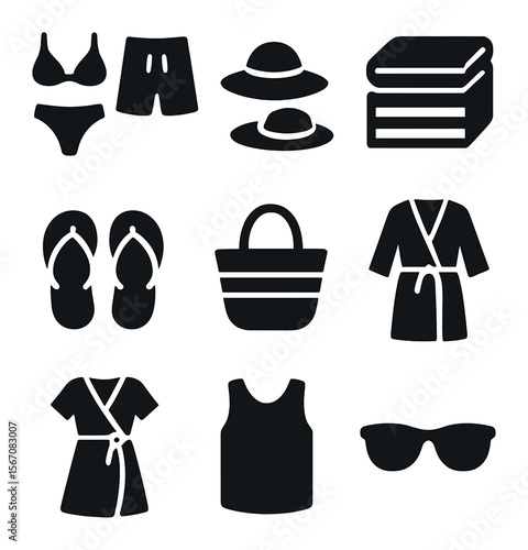 Couples Beachwear Essentials. Solid, filled icons set of beachwear for couples: matching swimwear, straw hats,