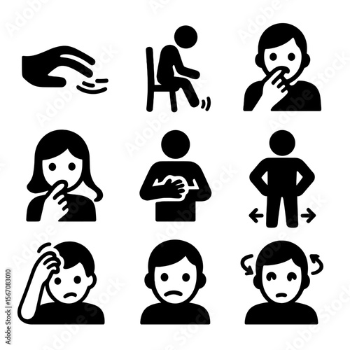 Fidgeting Icons Set. Solid, filled icon set of fidgeting and stress signs: tapping fingers, foot bouncing, nail biting, hair