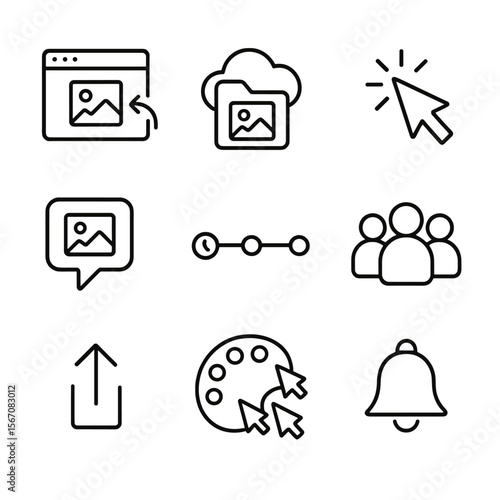 Digital Art Icon Set. Outline icon set of digital art collaboration platforms: shared canvas window, cloud storage folder with
