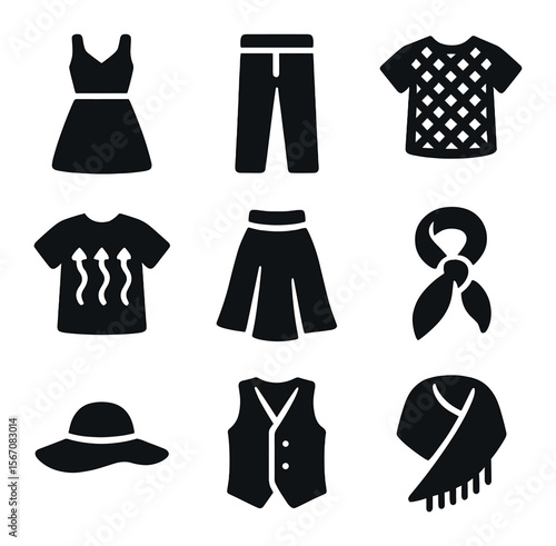 Lightweight Fabrics Icons. Solid, filled icons set of lightweight fabrics: cotton dress, linen pants, mesh top