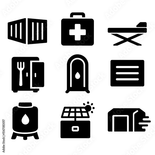 Disaster Relief Icons. Solid, filled icons set of disaster relief habitat modules: shipping container shelter,