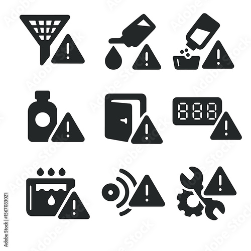 Dishwasher Icon Alerts. Solid, filled icons set of dishwasher warning indicators: filter alert, water leak