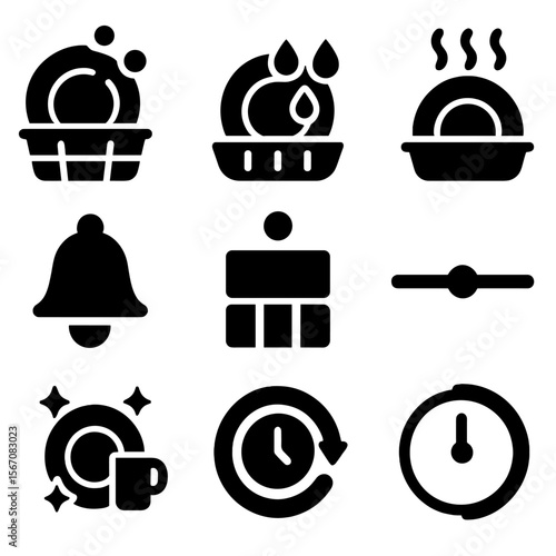 Dishwasher Cycle Icons. Solid, filled icons set of dishwasher cycle progress indicators: washing icon, rinsing