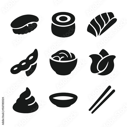 Sushi Icon Collection. Solid, Filled icon set of sushi appetizer bites: nigiri piece, maki roll, sashimi slice, edamame pod,