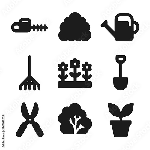 Garden Tools Icons. Solid, filled icon set of garden maintenance: hedge trimmer, garden bush, watering can, rake, flower bed,