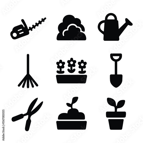Garden Tools Icons. Solid, filled icon set of garden maintenance: hedge trimmer, garden bush, watering can, rake, flower bed,
