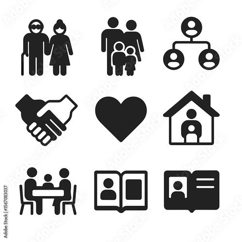 Intergenerational Family Icons. Solid, filled icon set of intergenerational relationships and family bonds: grandparents, parents,