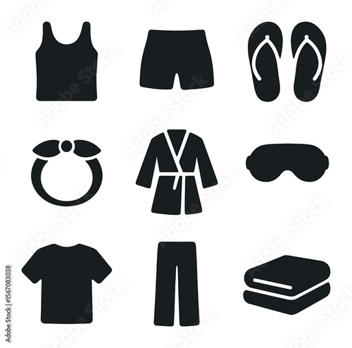 Summer Lounge Icons Set. Solid, filled icons set of summer lounge clothes: tank top, yoga shorts, flip-flops,