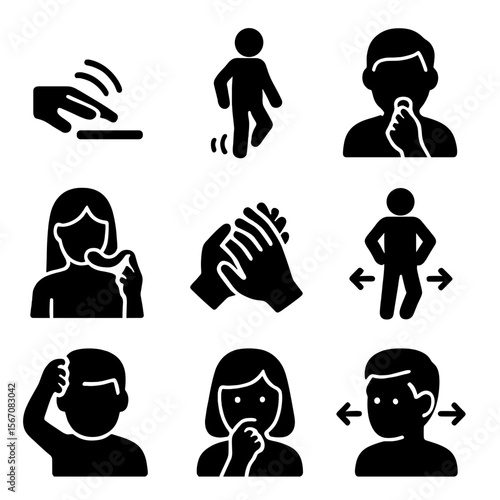 Fidgeting Icons Set. Solid, filled icon set of fidgeting and stress signs: tapping fingers, foot bouncing, nail biting, hair