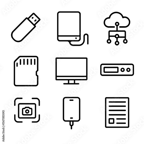 Digital Forensics Icons. Outline icon set of digital evidence collection tools: USB thumb drive, external hard drive, network