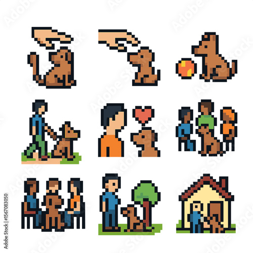 Support Animal Icons. Pixel art icon set of emotional support animal interactions: petting hand, feeding treat, playing ball,