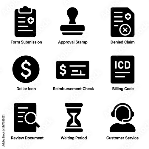 Icons_ Insurance and Health. Solid, filled icon set of insurance claim process: form submission, approval stamp, denied claim,