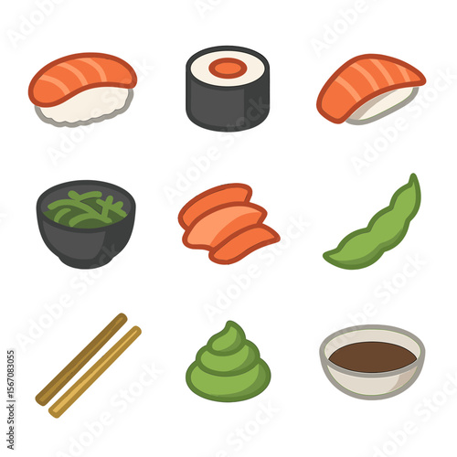 Sushi Icon Grid. Flat icon set of sushi appetizer bites: nigiri piece, maki roll, sashimi slice, edamame pod, seaweed salad bowl,