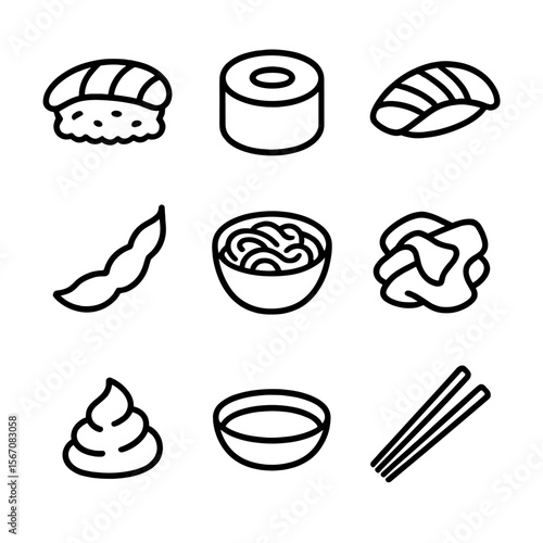 Sushi Icon Collection. Outline icon set of sushi appetizer bites: nigiri piece, maki roll, sashimi slice, edamame pod, seaweed