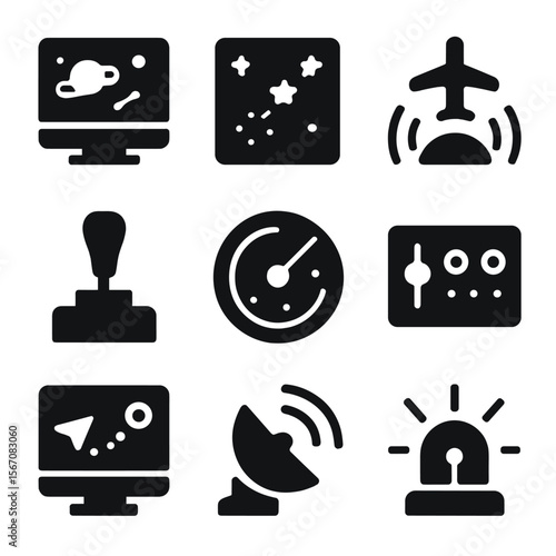 Interstellar Navigation Icons. Solid, filled icon set of interstellar navigation and control: navigation screen, star map,