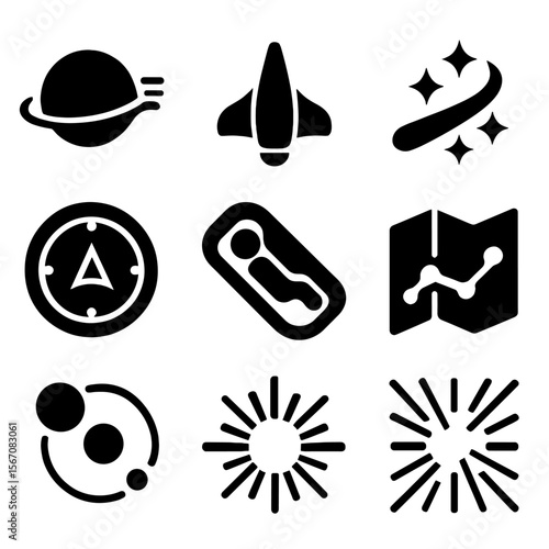 Interstellar Icon Set. Solid, filled icon set of interstellar travel: warp drive, starship, stardust trail, navigation system,