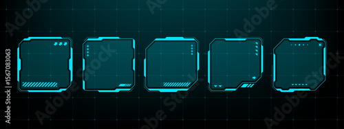 Five futuristic hud text box frame layouts in a row with grid lines. Digital wireframe data interface design elements for technology.