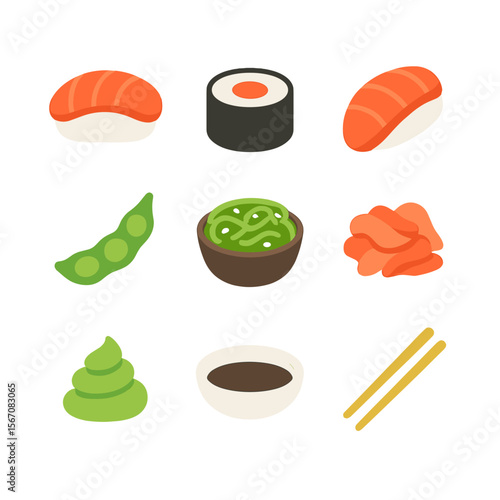 Sushi Icon Grid. Flat icon set of sushi appetizer bites: nigiri piece, maki roll, sashimi slice, edamame pod, seaweed salad bowl,