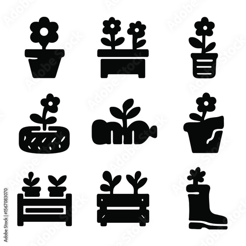 Garden Upcycling Icons. Solid, filled icon set of garden upcycling: reused flower pot, DIY planter, recycled can, tire pot,