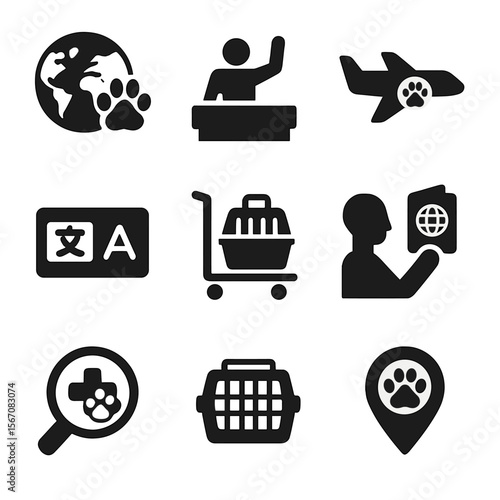 International Pet Travel Icons. Solid, filled icon set of international pet travel: world map with paw, customs icon, airplane