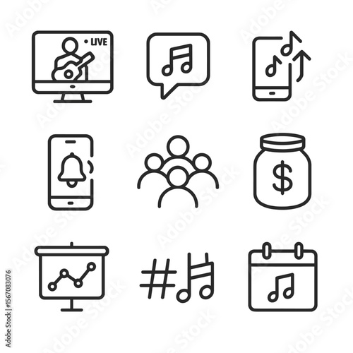 Digital Music Icons. Outline icon set of digital music community engagement: livestream concert screen, comment bubble with note,