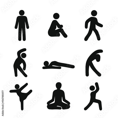 Figure Aesthetics Icon Grid. Solid, filled icon set of figure aesthetics poses: standing pose, seated silhouette, walking figure,