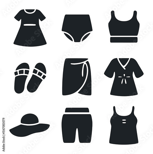 Plus-Size Summer Icons. Solid, filled icons set of plus-size summer wear: flowy dress, high-waist swim bottom,