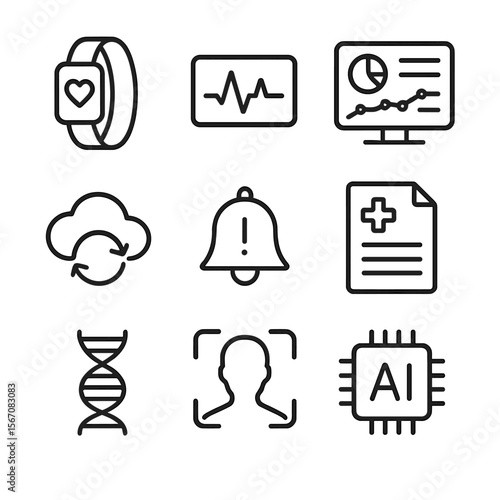 Digital Health Icons. Outline icon set of digital health twin monitoring: wearable sensor band, heart rate graph display, data