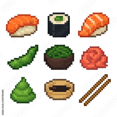 Sushi Pixel Art Icons. Pixel art icon set of sushi appetizer bites: nigiri piece, maki roll, sashimi slice, edamame pod, seaweed