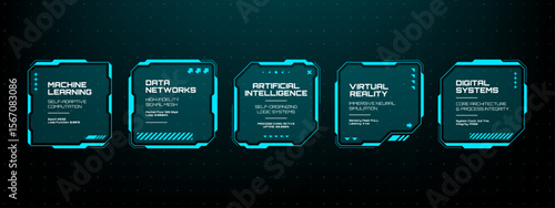 Digital display with futuristic hud text boxes containing various tech concepts. Modern user interface element set for data visualization.