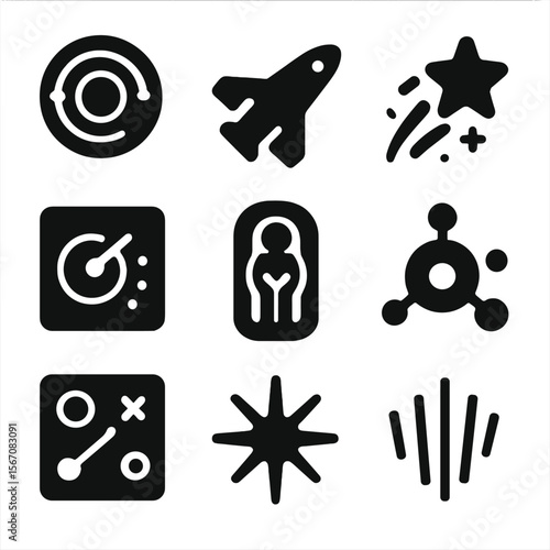 Interstellar Icon Set. Solid, filled icon set of interstellar travel: warp drive, starship, stardust trail, navigation system,