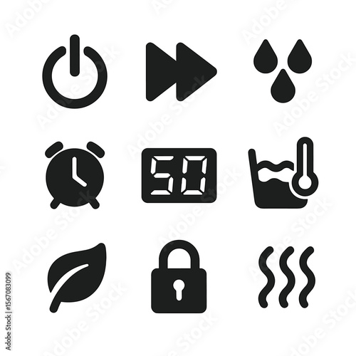 Dishwasher Panel Icons. Solid, filled icons set of dishwasher panel: power button, start/pause icon, rinse