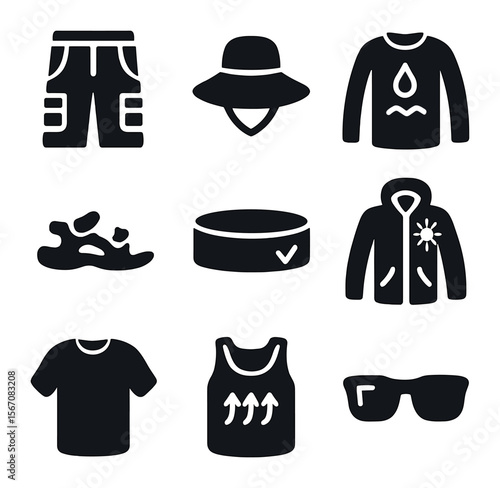 Summer Wear Icons. Solid, filled icons set of outdoor summer wear: cargo shorts, wide-brim hat,